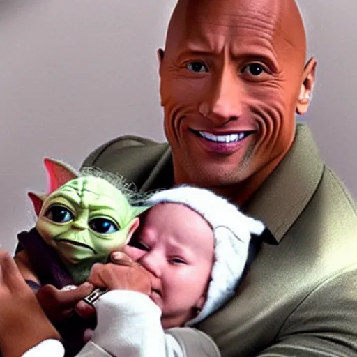 Image similar to Dwayne Johnson carries baby Yoda in his hands