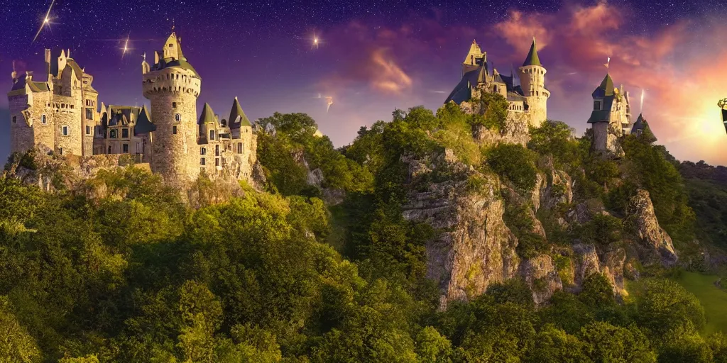 Prompt: A sunlit castle of dreams surrounded by rolling hills under a night sky filled with shooting stars