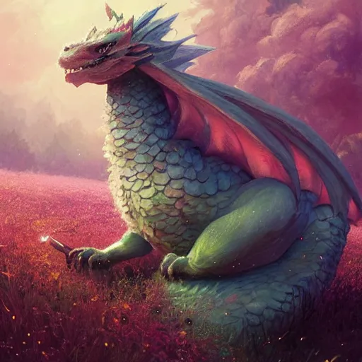 Image similar to beautiful digital fantasy illustration of a closeup adorable giant fluffy feathered sparkling pearlescent pastel dragon sitting alone in a flower meadow, concept art by greg rutkowski, anato finnstark, and rebecca guay, highly detailed, soft lighting,Anton faadev, rendered in octane