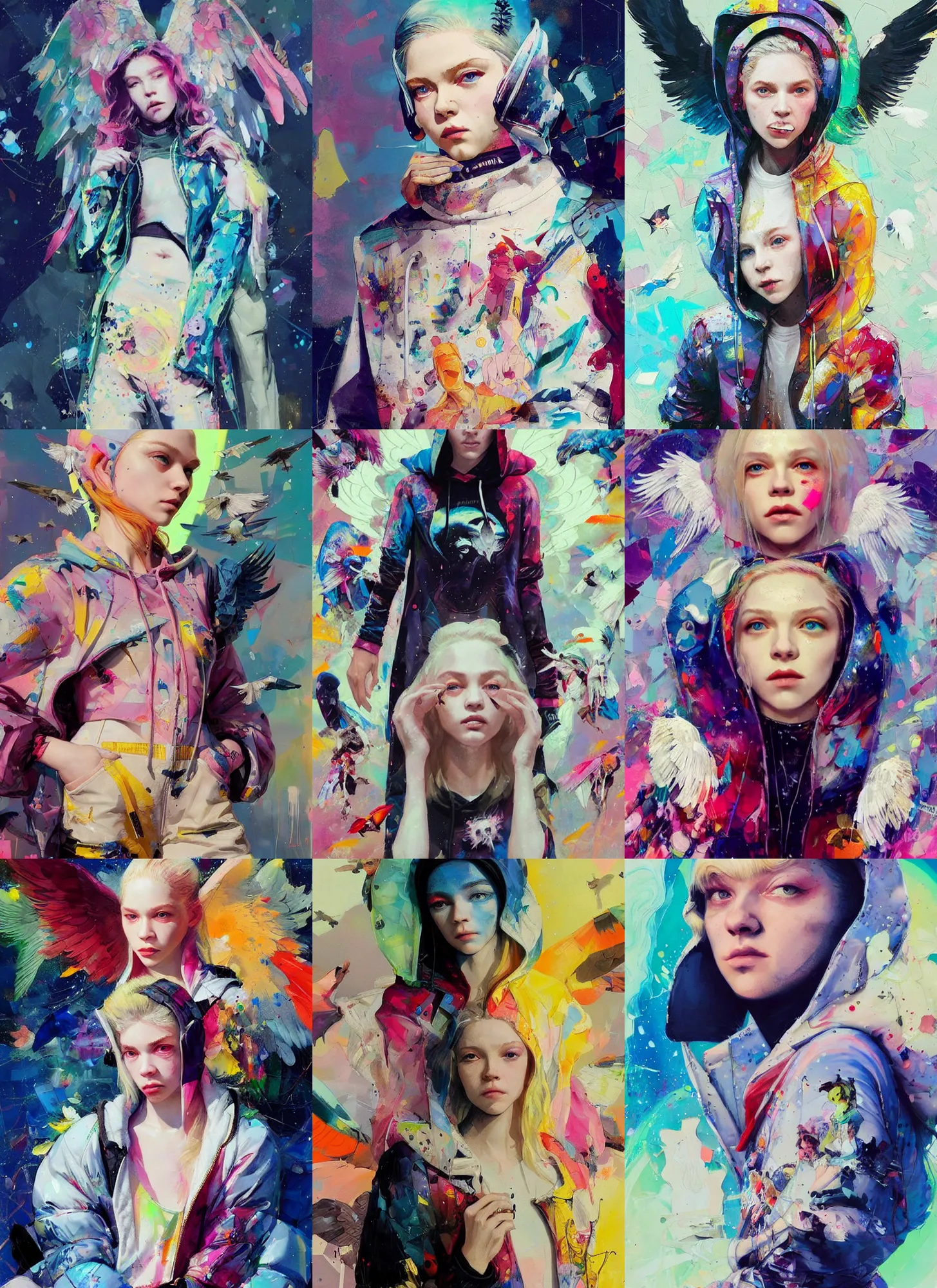 Prompt: hunter schafer in the style of martine johanna and greg rutkowski, wearing hoodie, madonna surrounded by angels, street fashion,!! haute couture!!, full figure painting by john berkey, david choe, ismail inceoglu, gorgeous features, detailed impasto brushwork