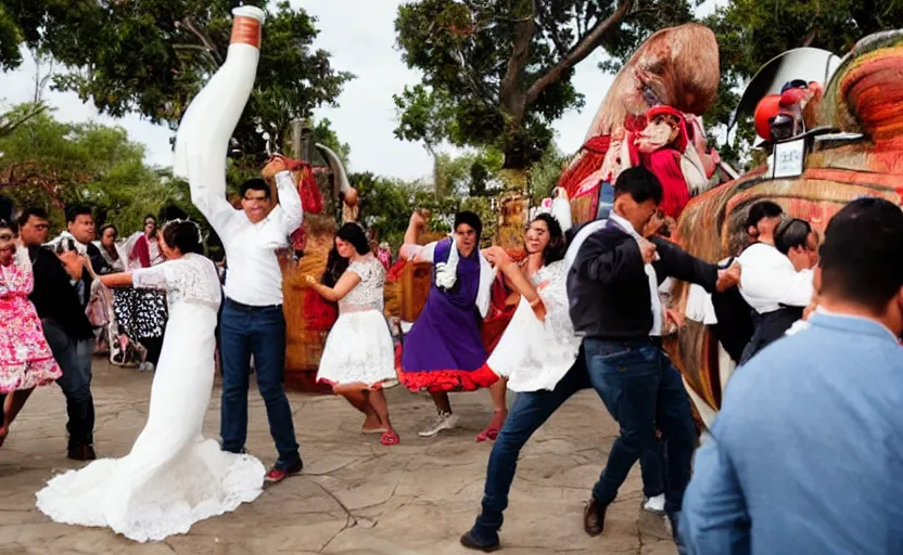 Image similar to a crowd of mexicans dancing around a giant tequila bottle in a wedding,