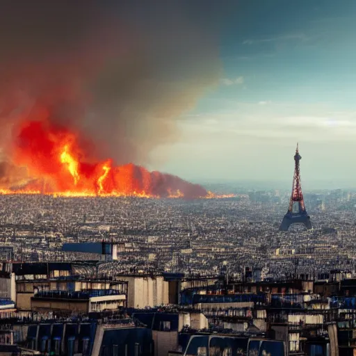 Prompt: a panoramic photo of paris during apocalypse, fire, fumes, 4 k, high quality, artstation