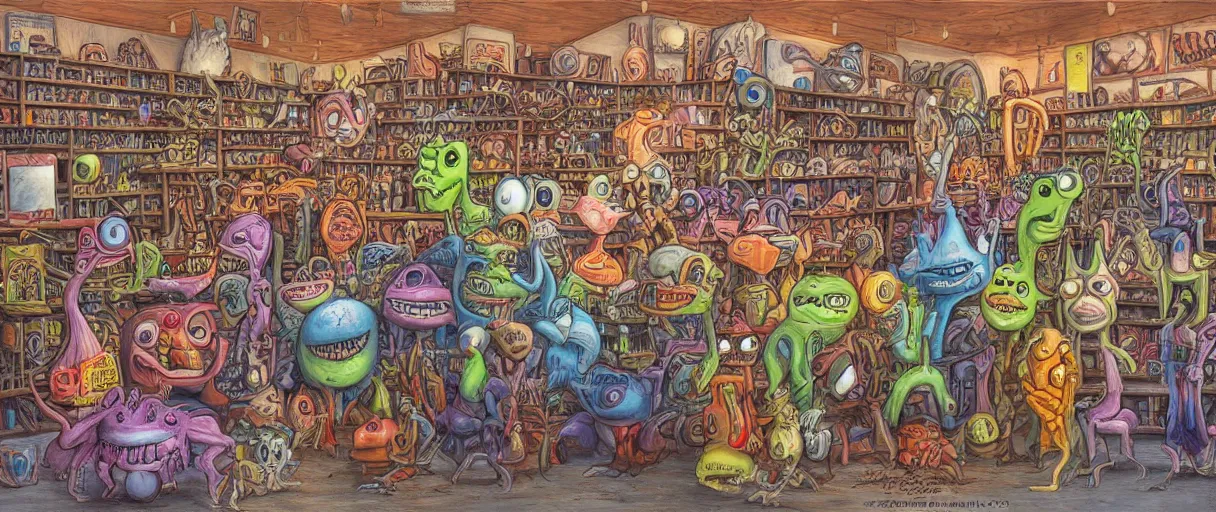 Prompt: an aaahh!!! Real monsters shop by James Gurney