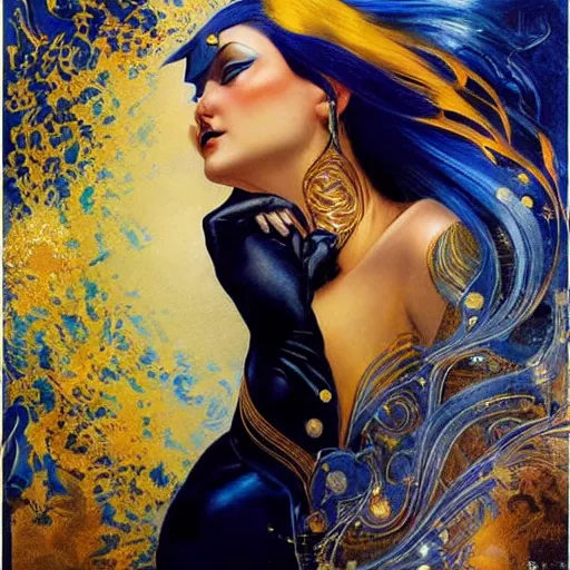 Image similar to a woman with blue and gold hair, an art deco painting by karol bak, featured on cgsociety, gothic art, poster art, art deco, tarot card