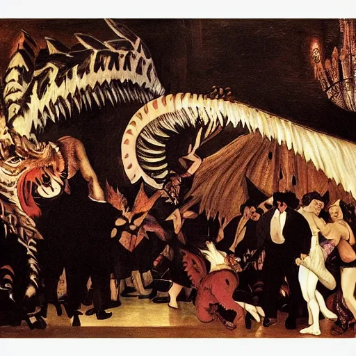 Prompt: A beautiful illustration of a large, dragon-like creature with sharp teeth, talons, and a long tail. The creature is looming over a small group of people who appear to be in distress. Moulin Rouge! by Caravaggio, by Gerhard Munthe frightful