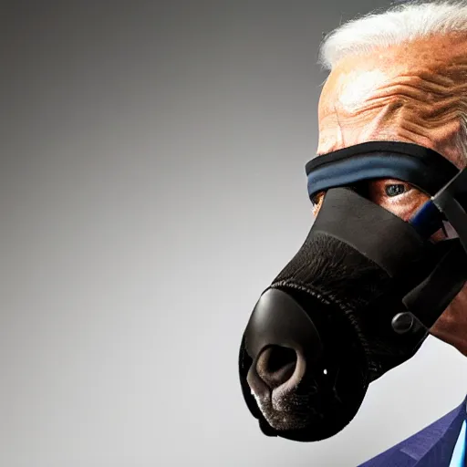 Image similar to uhd candid photo of joe biden wearing a anti - biting muzzle, with accurate face, real anti - biting muzzle, uhd, studio lighting, correct face, photo by annie leibovitz