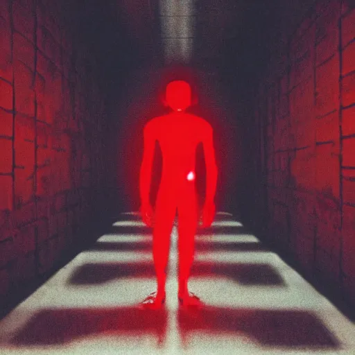 Image similar to photograph of an extremely dark narrow hallway with glowing humanoid monster made out of tv static, dark deep black shadows, red and black color contrast in the style of trevor henderson