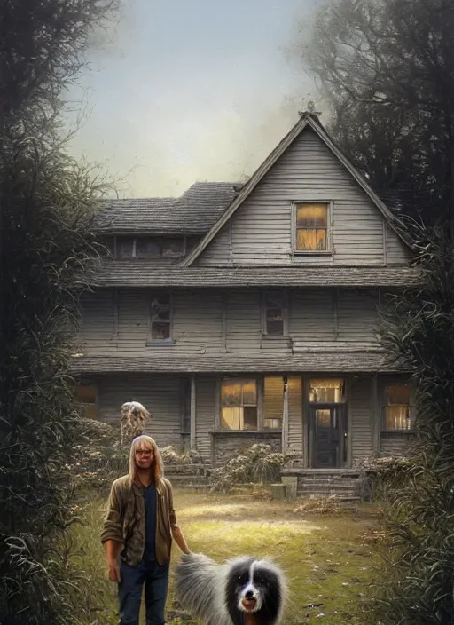 Image similar to highly detailed hyperrealistic painting of a blonde long - haired hillbilly in front of old style house, with his fluffy black and gray australian shepherd, stephen bliss, art by greg rutkowski, loish, rhads, ferdinand knab, makoto shinkai and lois van baarle, tom bagshaw, global illumination, artstation