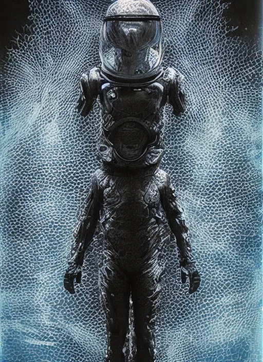 Image similar to hybrid alexander mcqueen astronaut in dark void underwater - complex and hyperdetailed technical suit design. reflection and dispersion materials. rays and dispersion of light. volumetric light. f / 3 2. noise film photo. flash photography. ultra realistic, 5 0 mm. poster by wayne barlowe, hajime sorayama, aaron horkey, craig mullins