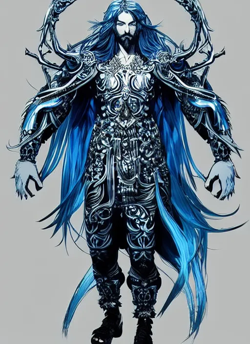 Image similar to Full body portrait of god with long silver hair, half man half wolf, wearing ornate pale blue attire. In style of Yoji Shinkawa and Hyung-tae Kim, trending on ArtStation, dark fantasy, great composition, concept art, highly detailed, dynamic pose.