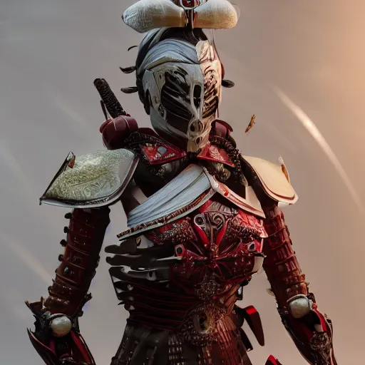 Prompt: gorgeous female samurai with full warrior armor, 3 d render, futuristic biomechanical, porcelain ivory mask, hyper realistic, cinematic, octane render, 8 k, red sun in background