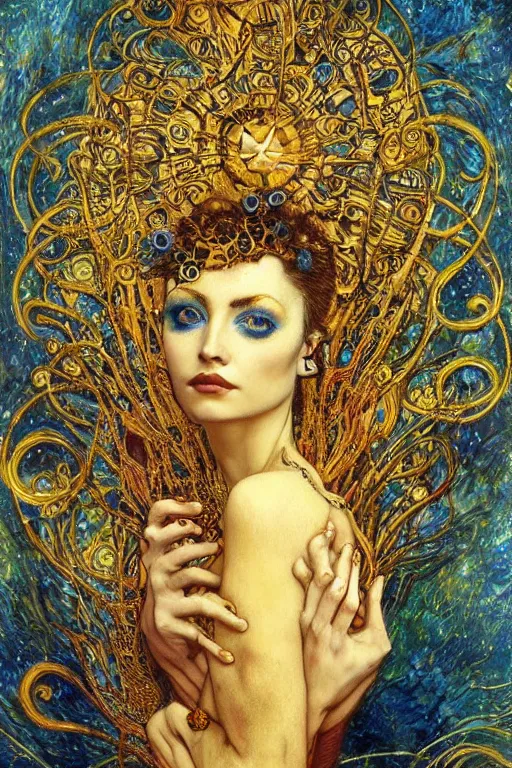 Prompt: Intermittent Chance of Chaos Muse by Karol Bak, Jean Deville, Gustav Klimt, and Vincent Van Gogh, beautiful surreal portrait, enigma, destiny, fate, inspiration, muse, otherworldly, fractal structures, arcane, ornate gilded medieval icon, third eye, spirals