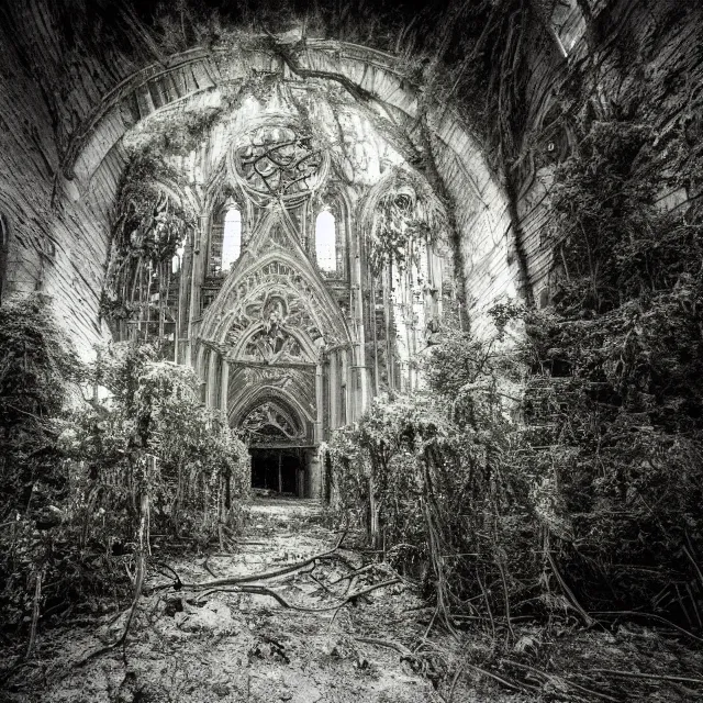 Image similar to abandoned cathedral with overgrown vegetation, vintage infrared photograph