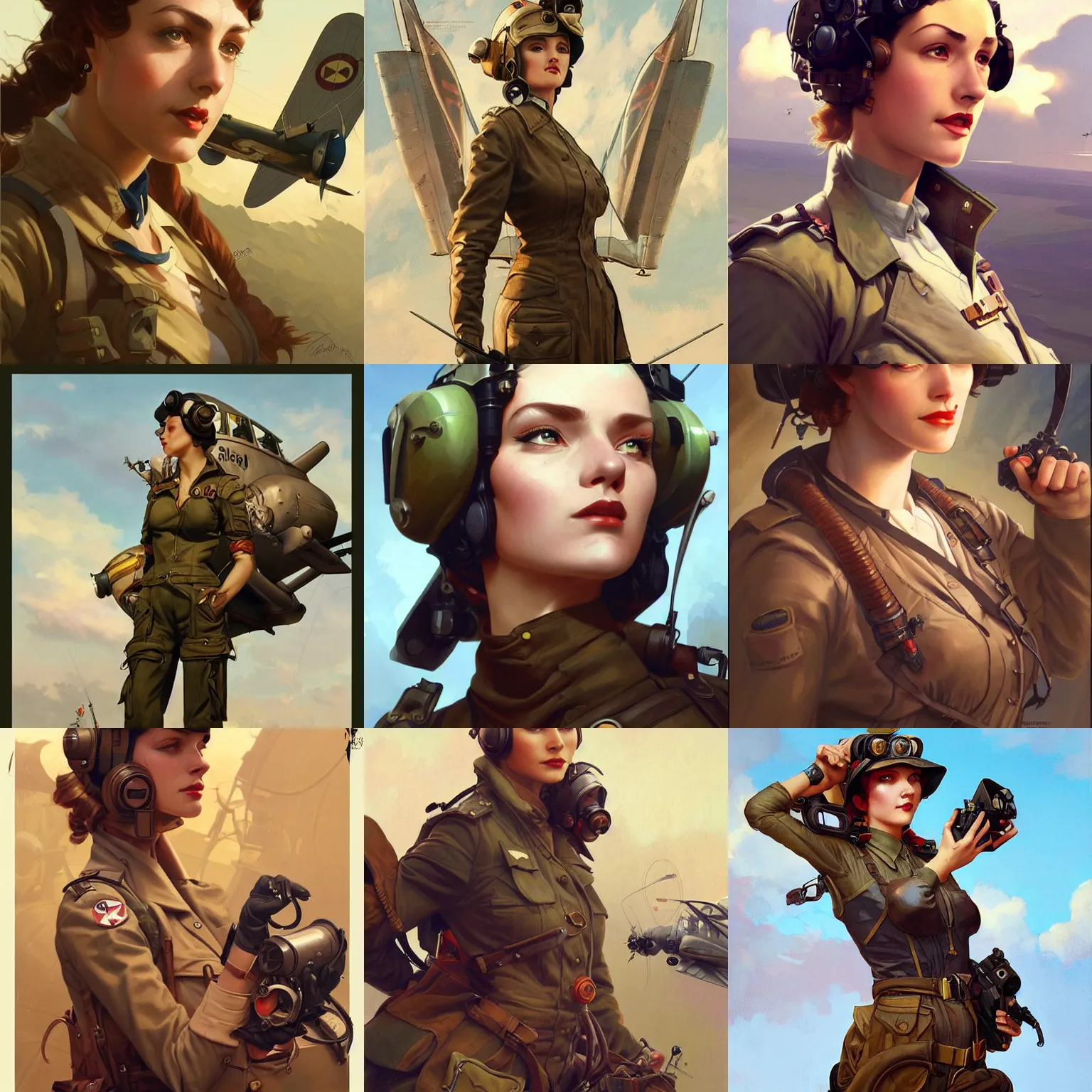 Prompt: dieselpunk aviatrix, portrait, highly detailed, digital painting, artstation, concept art, sharp focus, illustration, art by artgerm and greg rutkowski and alphonse mucha