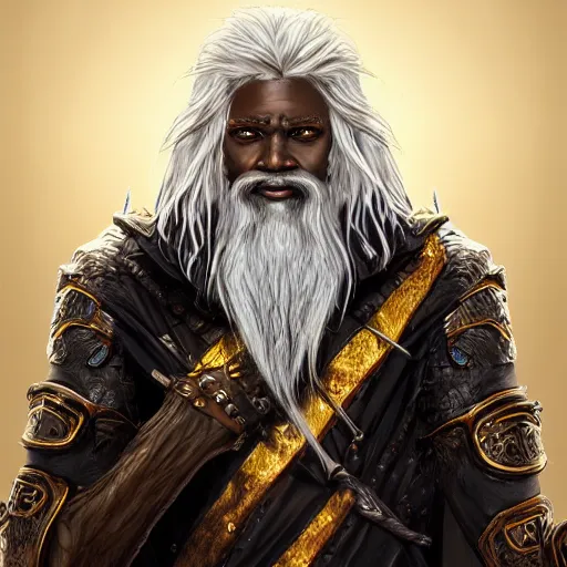 Prompt: black african elder old grizzled odin god with white hair with a godly fade and weathered golden armor, epic fantasy art portrait realistic artstation illustration concept art 3 d photograph