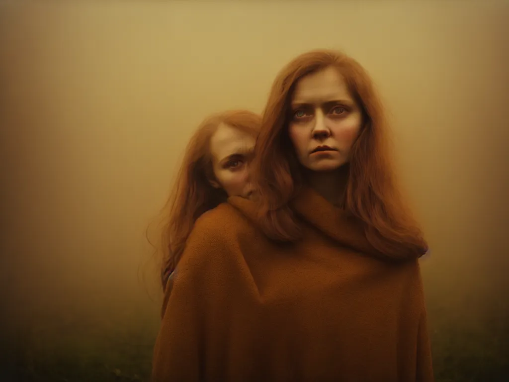 Prompt: medium portrait of young woman, solemn expression, faded color film, russian cinema, tarkovsky, kodachrome, heavy birch forest, long brown hair, old clothing, heavy fog, atmospheric haze, brown color palette, sunset, low light, dramatic lighting