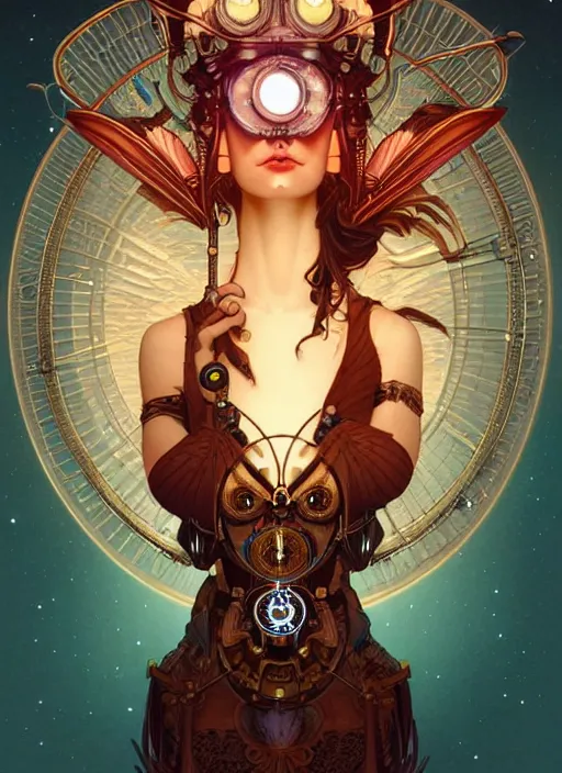 Image similar to the goddess artemis smirking, mechanical owl perched on shoulder, steampunk, glowing eyes, volumetric lights, red and cyan theme, art nouveau botanicals, intricate, highly detailed, digital painting, artstation, concept art, smooth, sharp focus, cinematic, illustration, beautiful face, art by artgerm and greg rutkowski and alphonse mucha