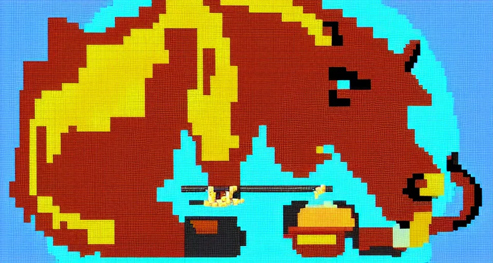 Prompt: Stallion eating cake, pixel art, 16 bit