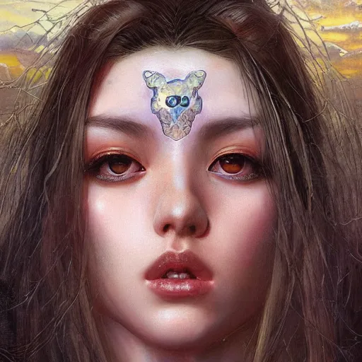 Prompt: frontal symmetrical portrait of angelababy eating a very big poly-poop by Ayami Kojima, Amano, Charlie Bowater, Karol Bak, Greg Hildebrandt, Jean Delville, and Donato Giancola, rich deep colors