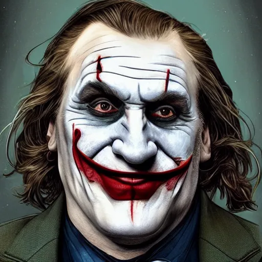 Image similar to [Gerard Depardieu as the Joker as president of France!, closeup, D&D, intricate, elegant, highly detailed, digital painting, artstation, concept art, matte, sharp focus, illustration, art by Artgerm and Greg Rutkowski and Alphonse Mucha]