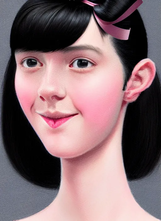 Image similar to portrait of high school girl, realistic, black hair, bangs, half updo hairstyle, pointy nose, skinny, smile, ugly, defined jawline, big chin, pink hair bow, earrings, intricate, elegant, glowing lights, highly detailed, digital painting, artstation, sharp focus, illustration, art by wlop, mars ravelo and greg rutkowski