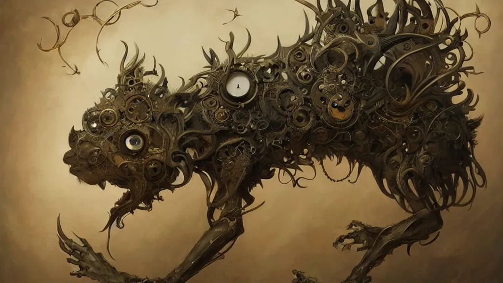 Prompt: a clockwork dog contemplating its existence, in the style of peter mohrbacher by weta digital and beth cavener, masterpiece, award winning, high face symmetry, intricatein the style of peter mohrbacher by weta digital and beth cavener, masterpiece, award winning, high face symmetry, intricate