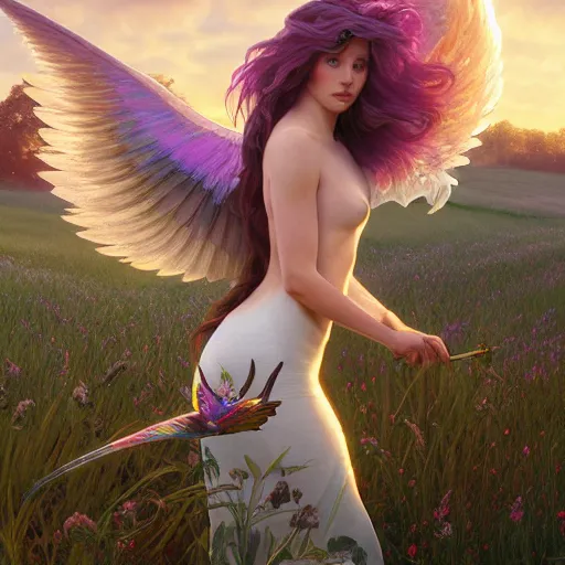 Image similar to a iridescent unicorn with wings eating in a field of marijuana, art by artgerm and greg rutkowski and alphonse mucha, concept art, octane render, unreal engine 5, highly detailed, high quality, 8 k, soft lighting, realistic face, path traced