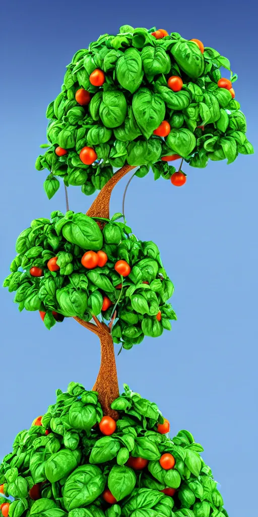 Prompt: tree on a hill where pizza ingredients grow, tomatoes hanging on branches, mozzarella balls hanging from branches, basil leaves instead of leaves, intricate stem, on a hill, highly detailed 3 d render, full view, wide angle, bright colors, pixar render