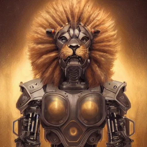 Image similar to portrait painting of a lion - headed cyborg with power armor, ultra realistic, concept art, intricate details, eerie, highly detailed, photorealistic, octane render, 8 k, unreal engine. art by artgerm and greg rutkowski and alphonse mucha