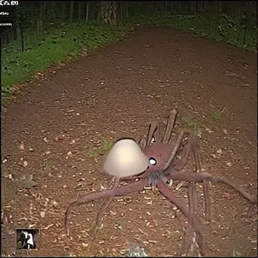 Prompt: trailcam footage of giant spider pennywise, night, creepy, grainy footage