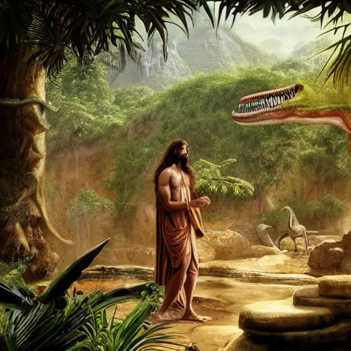 Prompt: a detailed matte painting of a ridiculously good looking jesus who is best friends forever with a tyrannosaurus rex, elegant ancient greek dress, jungle as the background, drinking a martini, very detailed, beautiful, intricate, art by greg rutkowski and robert e howard, octane render