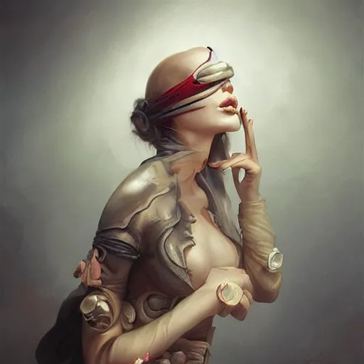 Prompt: blindfolded woman with a finger on her lips shushing, by peter mohrbacher, artgerm, karol bak, loish, ayami kojima, james stokoe, highly detailed, ultra detailed, ultra realistic, trending on artstation