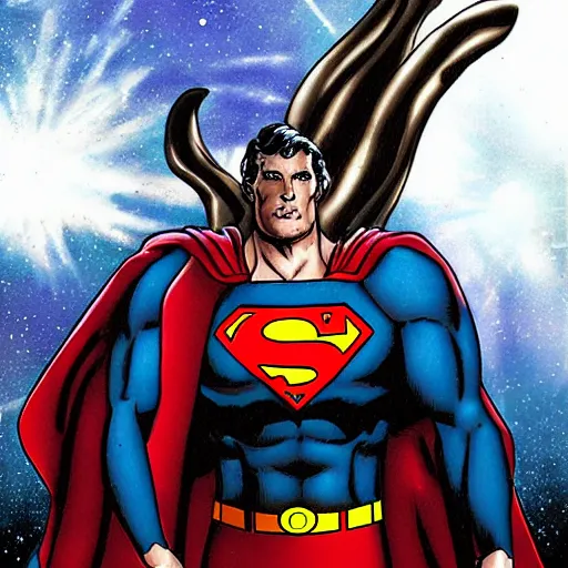 Image similar to portrait of superman as darkseid, in space, on abandoned planet