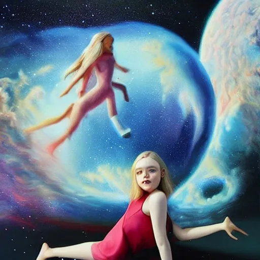 Prompt: a striking hyper real painting of Elle Fanning in space by Sascha Schneider