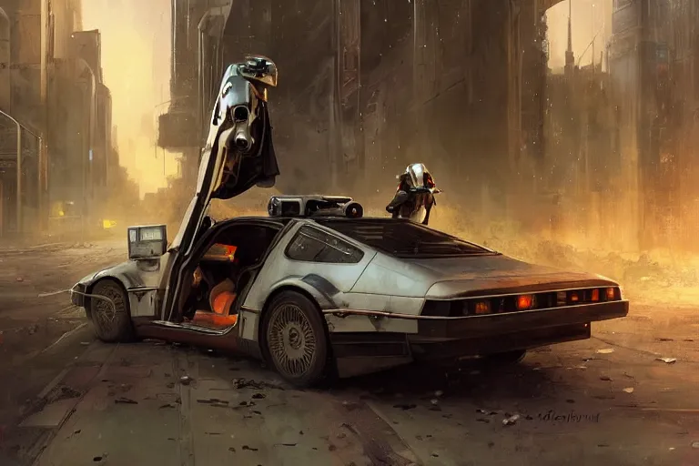 Prompt: photograph of the mandalorian entering a delorean driving down the streets of a cyberpunk abandoned city, wing doors are lifted, by greg rutkowski, by stanley artgerm, by alphonse mucha