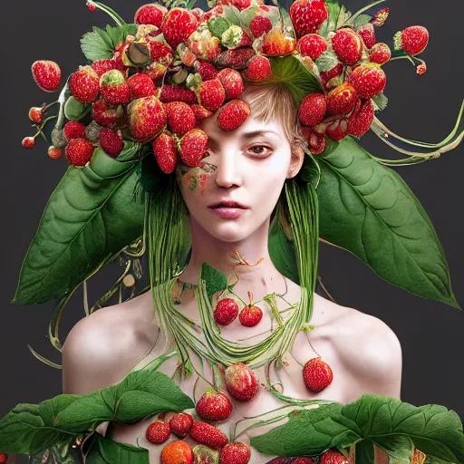 Image similar to the portrait of an absurdly beautiful, graceful, elegant, sophisticated woman made of strawberries and green petals, an ultrafine hyperdetailed illustration by kim jung gi, irakli nadar, intricate linework, bright colors, octopath traveler, final fantasy, unreal engine 5 highly rendered, global illumination, radiant light, detailed and intricate environment