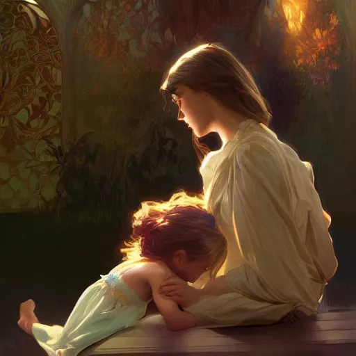 Prompt: young girl saying goodbye to her mother, highly detailed, digital painting, artstation, concept art, sharp focus, illustration, art by alex ross and greg rutkowski and alphonse mucha