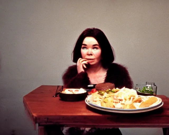 Prompt: 1 9 7 9 a soviet movie still a bjork sitting at a table with a plate of food in dark warm light, a character portrait by nadya rusheva, perfect symmetric coherent face, perfect symmetric eyes, featured on cg society, neo - fauvism, movie still, 8 k, fauvism, cinestill, bokeh, gelios lens