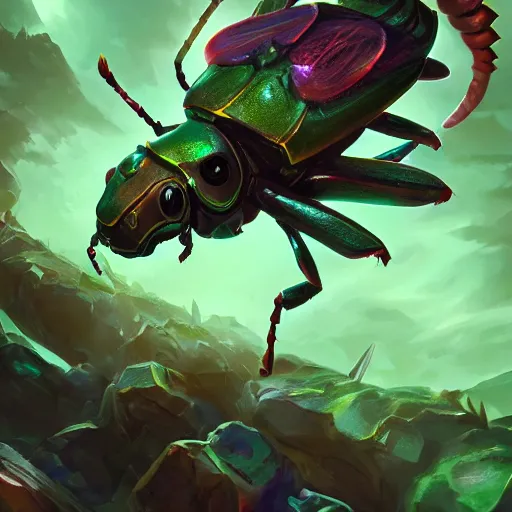 Image similar to a giant glowing horned beetle, horned beetle, green theme, bright art masterpiece artstation. 8 k, sharp high quality artwork in style of jose daniel cabrera pena and greg rutkowski, concept art by tooth wu, blizzard warcraft artwork, hearthstone card game artwork, horned beetle