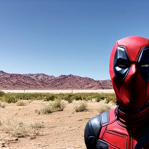 Image similar to deadpool sticking his head out of empty drained lake mead