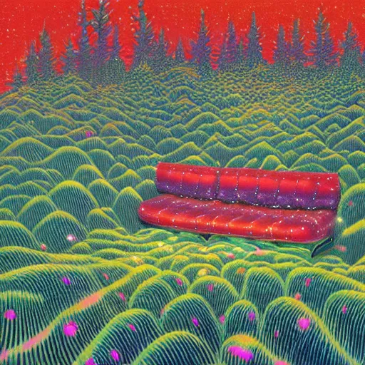 Image similar to psychedelic couch sofa in the pine forest, milky way, designed by moebius, rob gonsalves, gustav dore, giuseppe arcimboldo and carl barks, louis wain, trending on artstation, canada, star, sharp focus, colorful refracted sparkles and lines, soft light, 8 k 4 k