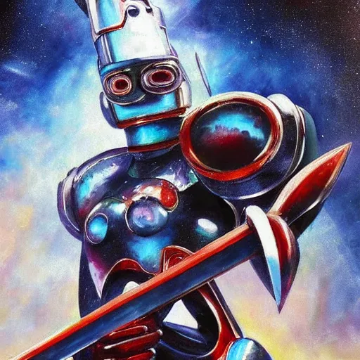 Image similar to a magnificent robot holding a powerful sword, most beautiful image ever created, emotionally evocative, greatest art ever made, lifetime achievement magnum opus masterpiece, the most amazing breathtaking image with the deepest message ever painted, a thing of beauty beyond imagination or words