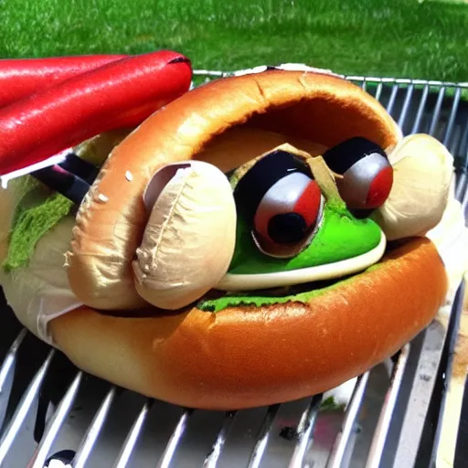 Prompt: pepe the frog in a hot dog bun on a grill.