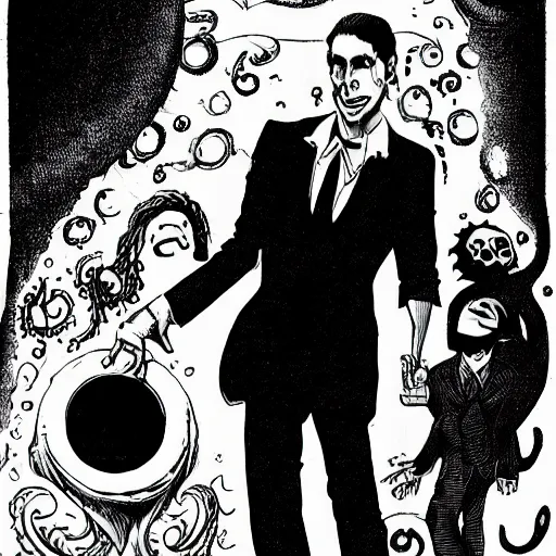 Image similar to Cthulhu as a modern day business man with a family and a drug and gambling addiction, necronomicon is the family Bible , Junji Ito and Greg rutkowski, psychedelic , 50s style infomercial , award winning , retro futuristic