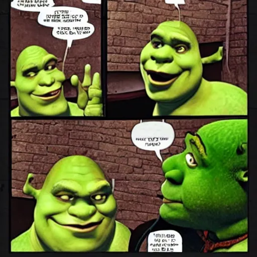 Prompt: shrek fighting jason statham