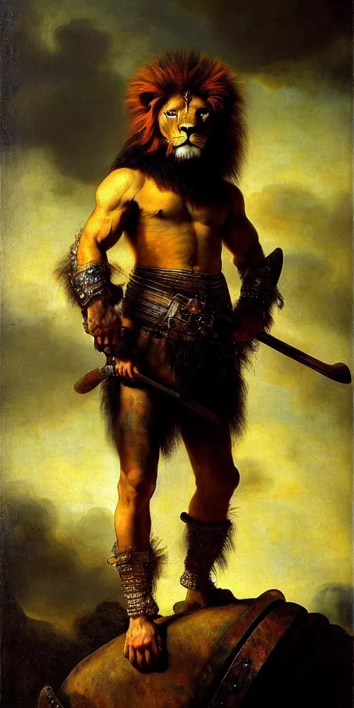Prompt: muscular lion as barbarian hunter with chest armor , full body human legs , backlight body , extreme very textured detailed panoramic portrait oil painting by rembrandt, sunset, dramatic clouds and cyan atmosphere