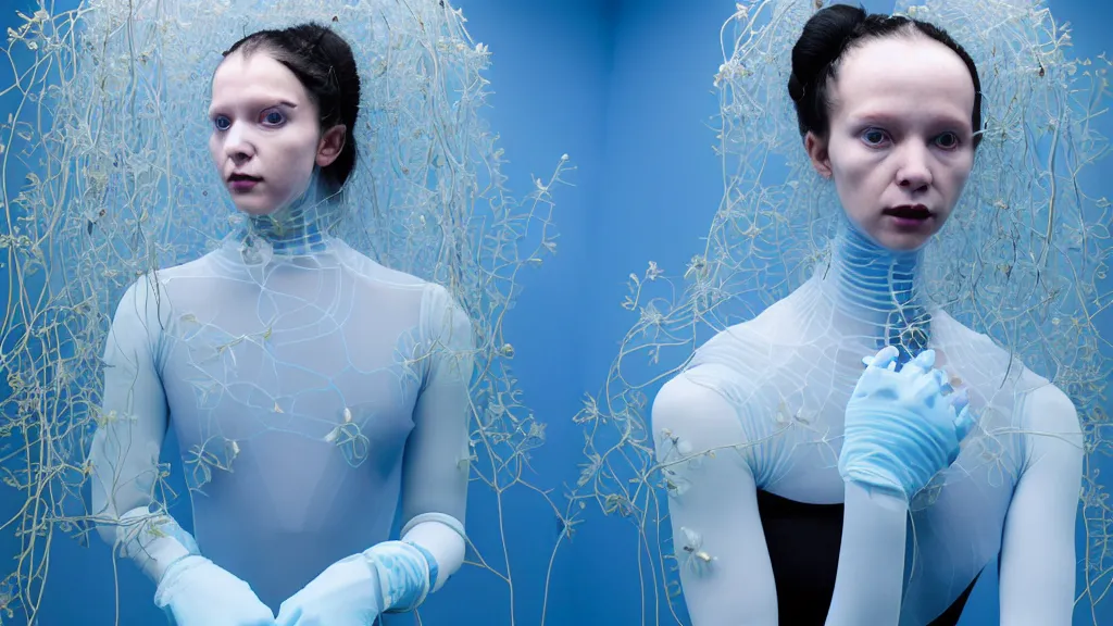 Image similar to symmetrical portrait of a woman wearing a blue embroidered translucent silicone mask and white frizzy hair buns, wearing a black bodysuit by alexander mcqueen, standing in a sterile room full of translucent silicone white flowers and plants, white background, soft diffused light, biotechnology, humanoide robot, futuristic aesthetic, translucent, ethereal, intricate details, highly detailed, masterpiece,