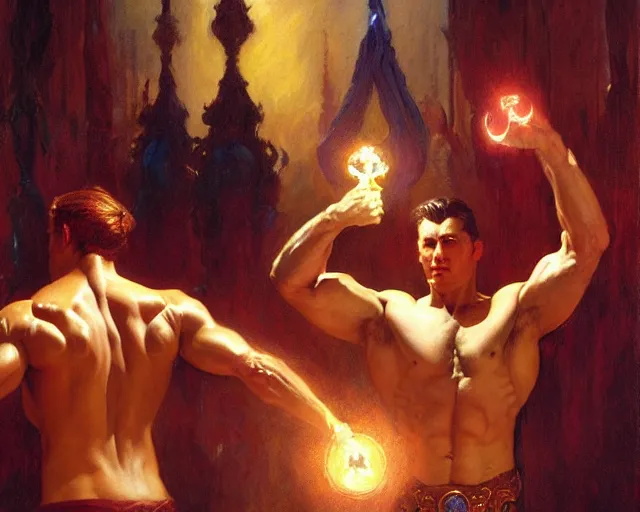 Image similar to regal magician man, casting light magic, summoning a muscular god. highly detailed painting by gaston bussiere, craig mullins, j. c. leyendecker 8 k