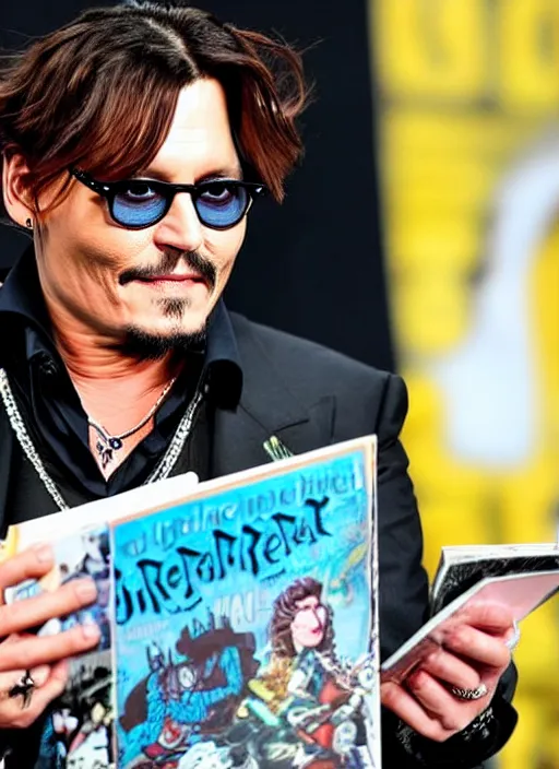 Prompt: johnny depp reading a comic book about a robot from