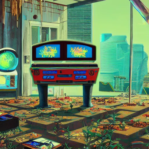 Prompt: a painting of an abandoned video game system, vaporwave arcade, weeds, cyberpunk art by Chris LaBrooy and james gurney, behance contest winner, auto-destructive art, dystopian art, apocalypse landscape, apocalypse art